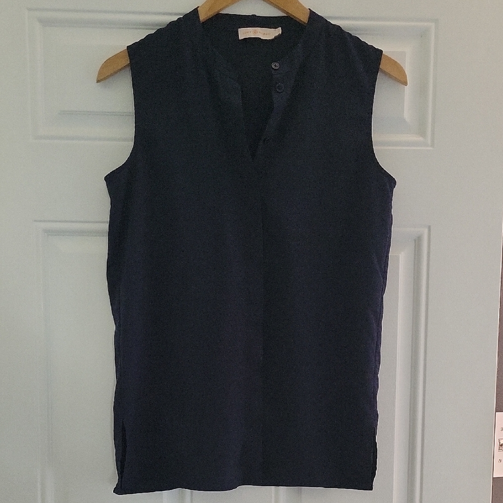 Tory Burch Blue Sleeveless Fitted Blouse with Mandarin Collar